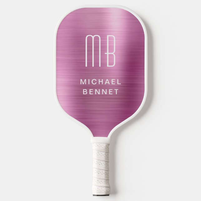 Elegant Monogrammed Faux Pink Brushed Metallic Pickleball Paddle (Front)