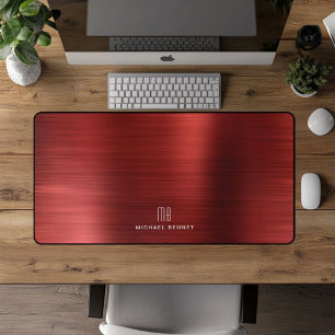 Elegant Monogrammed Faux Red Brushed Metallic Desk Mat