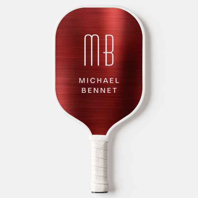 Elegant Monogrammed Faux Red Brushed Metallic Pickleball Paddle (Front)