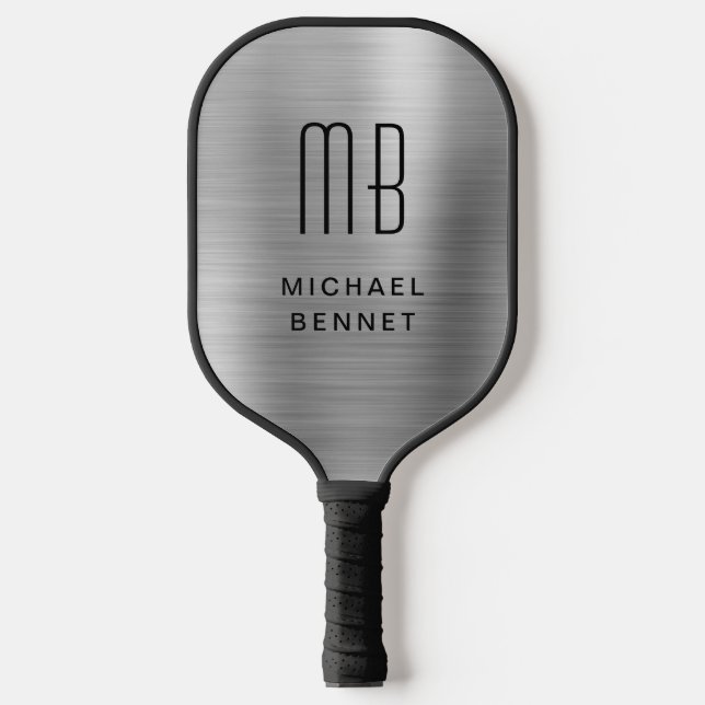 Elegant Monogrammed Faux Silver Brushed Metallic Pickleball Paddle (Front)