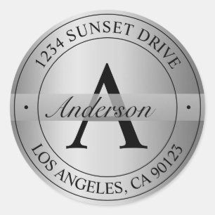 Elegant Monogrammed Faux Silver Return Address Classic Round Sticker
