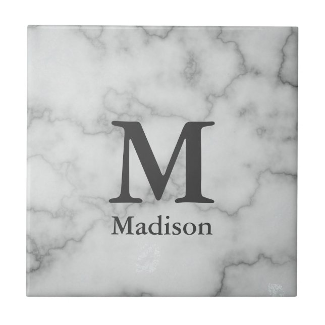 Elegant Monogrammed Faux White Marble Tile (Front)