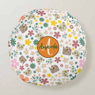 Elegant monogrammed floral pastel girly white pink round pillow