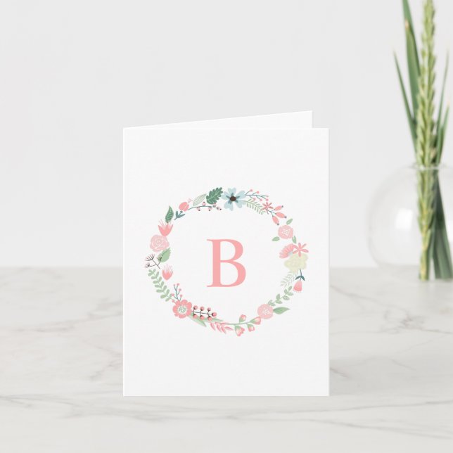 Elegant Monogrammed Floral Wreath Note Card (Front)