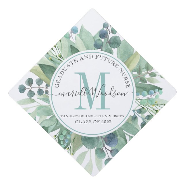Elegant Monogrammed Future Nurse Greenery Graduation Cap Topper (Front)