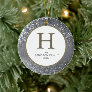 Elegant Monogrammed Glitter Christmas Family Photo Ceramic Ornament