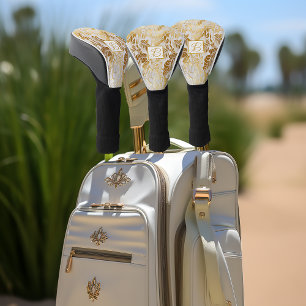Elegant Monogrammed Gold and Ivory Monstera Leaf Golf Head Cover