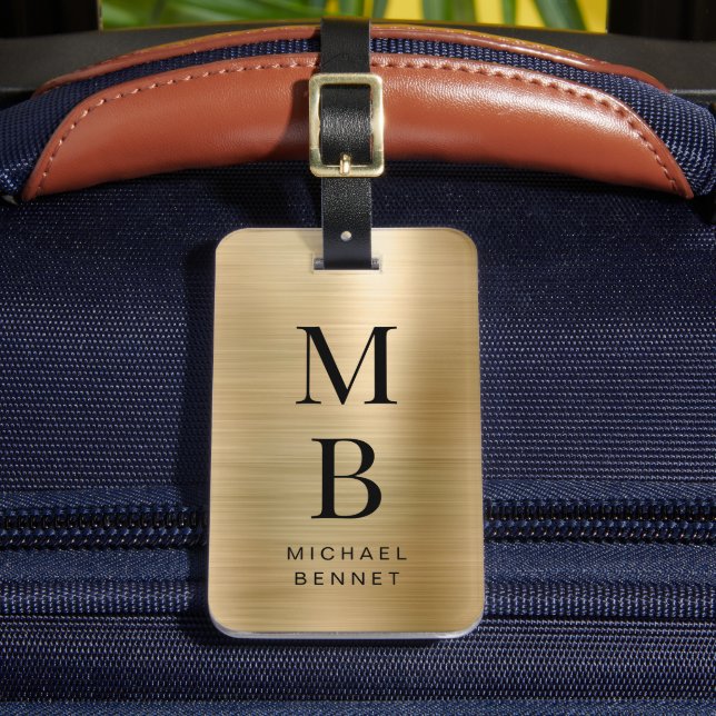 Elegant Monogrammed Gold Brushed Metallic Luggage Tag (Front Insitu 2)