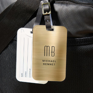 Elegant Monogrammed Gold Brushed Metallic Luggage Tag