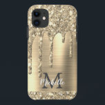 Elegant Monogrammed Gold Glitter Drips Gold Metal iPhone 11 Case<br><div class="desc">Modern,  girly gold glitter drips name and monogrammed iphone case. This design features yellow gold glitter sparkle drips on gold brushed metal background with custom personalized monogram initial and first name text template. Perfect feminine gift. If you need help or matching items,  please contact to me.</div>
