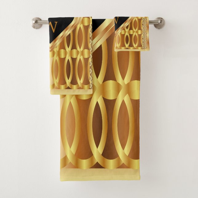 Elegant Monogrammed Gold Heart Geometric Bath Towel Set (Insitu)