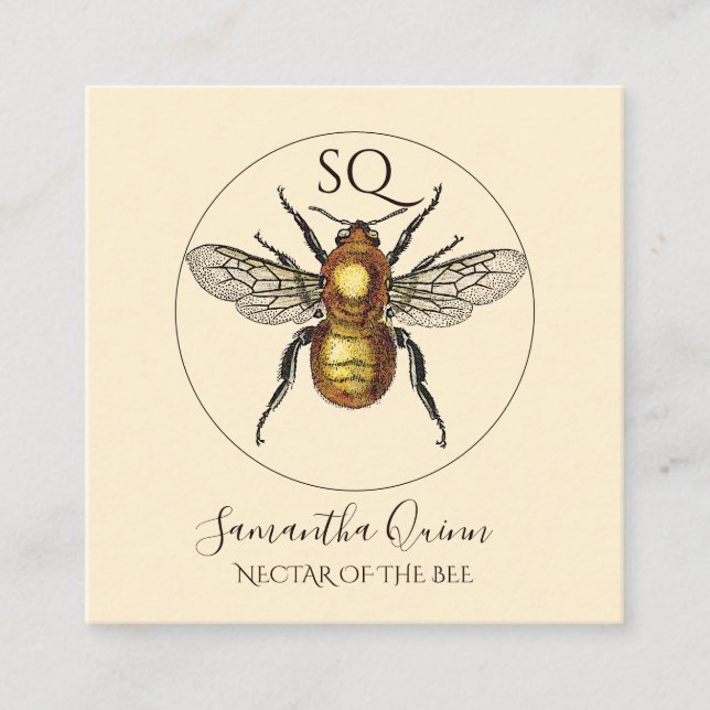 Elegant Monogrammed Golden Bee Circle Logo Square Business Card (Front)