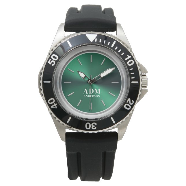 Elegant Monogrammed Green Brushed Metallic Watch (Front)