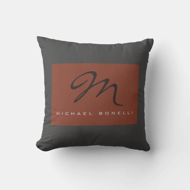 Elegant Monogrammed Grey Brown Handwriting Throw Pillow (Front)