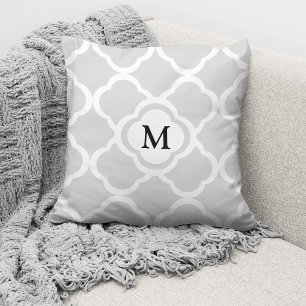 Elegant Monogrammed Grey Quatrefoil Pattern Throw Pillow