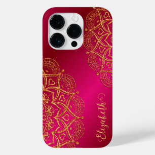 Elegant Monogrammed Hot Pink and Gold Mandala Case-Mate iPhone 14 Pro Case