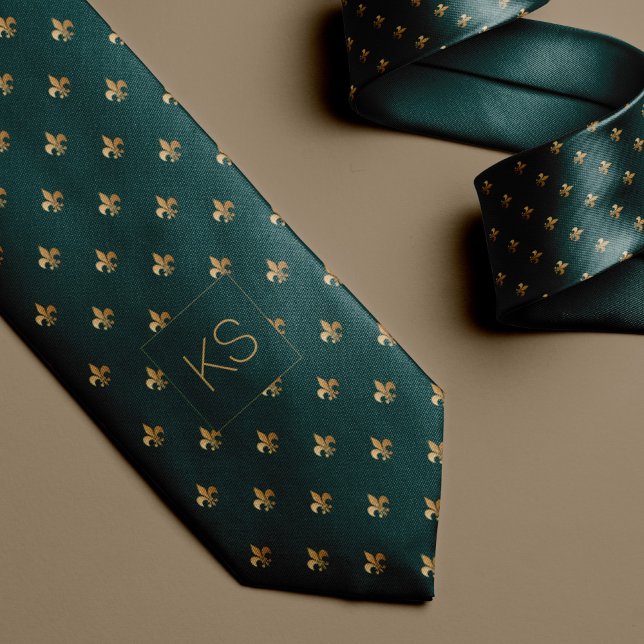 Elegant monogrammed luxury dark green gold tie (Creator Uploaded)