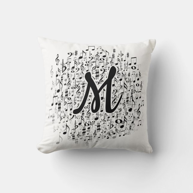 Elegant Monogrammed Musical Notes Pattern Throw Pillow (Front)