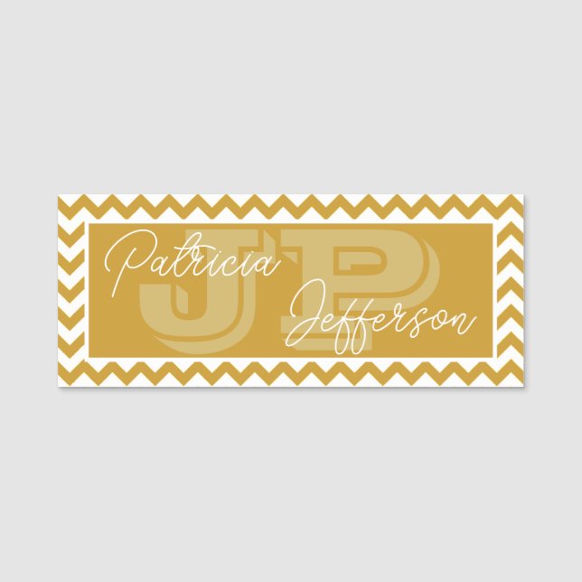 Elegant Monogrammed Mustard Yellow Chevron Pattern Name Tag (Front)