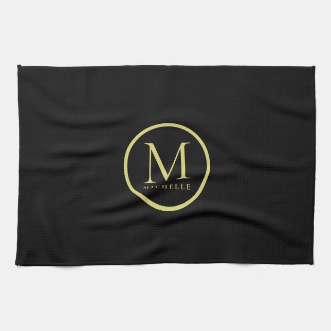 Elegant Monogrammed Name Template Black And Gold Kitchen Towel (Horizontal)