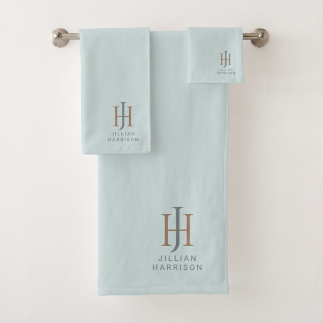 Elegant Monogrammed Pastel Aqua Blue Bath Towel Set (Insitu)
