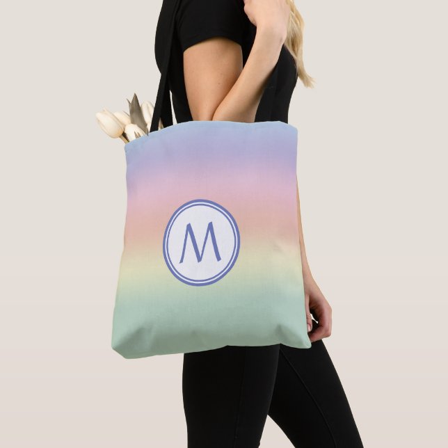 Elegant Monogrammed Pastel Rainbow Water Colours Tote Bag (Close Up)