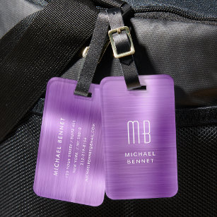 Elegant Monogrammed Purple Brushed Metal Luggage Tag