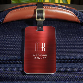 Elegant Monogrammed Red Brushed Metallic Luggage Tag