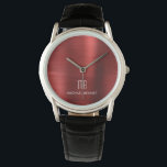 Elegant Monogrammed Red Brushed Metallic Watch<br><div class="desc">Personalized Elegant Monogrammed Red Brushed Metallic Watch.</div>