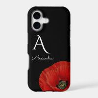 Elegant Monogrammed Red Poppy on Black Floral