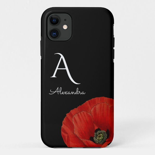 Elegant Monogrammed Red Poppy on Black Floral Case-Mate iPhone Case (Back)