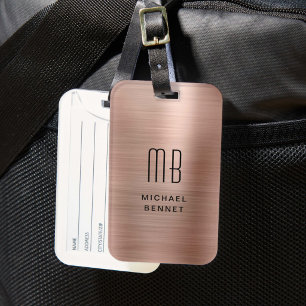 Elegant Monogrammed Rose Gold Brushed Metallic Luggage Tag