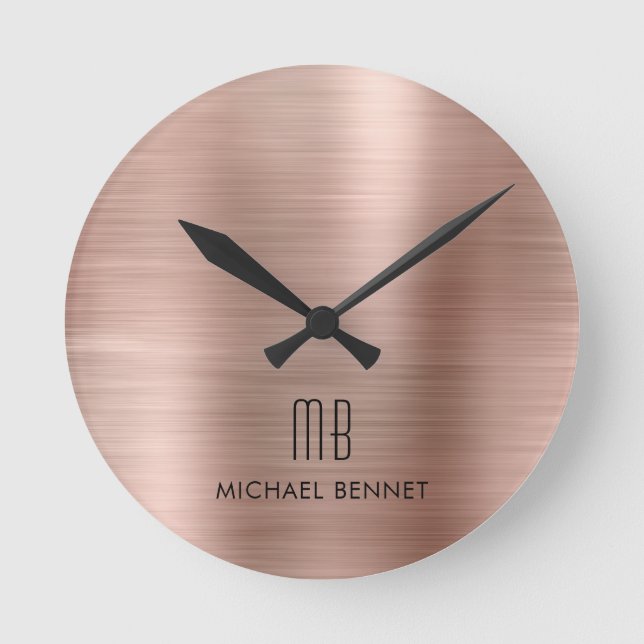 Elegant Monogrammed Rose Gold Brushed Metallic Round Clock (Front)