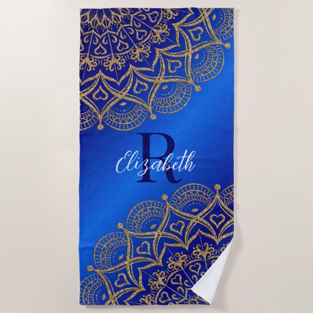 Elegant Monogrammed Royal Blue and Gold Mandala Beach Towel (Front)