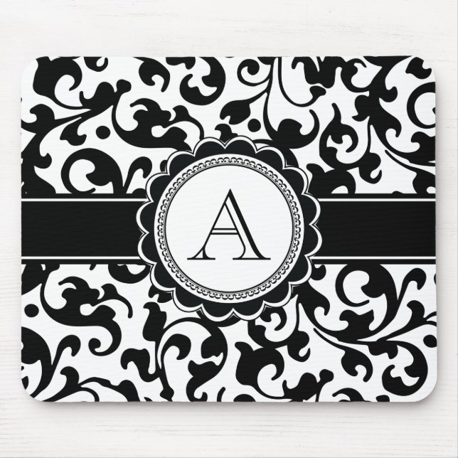 Elegant Monogrammed Scroll Damask Black and White Mouse Pad (Front)