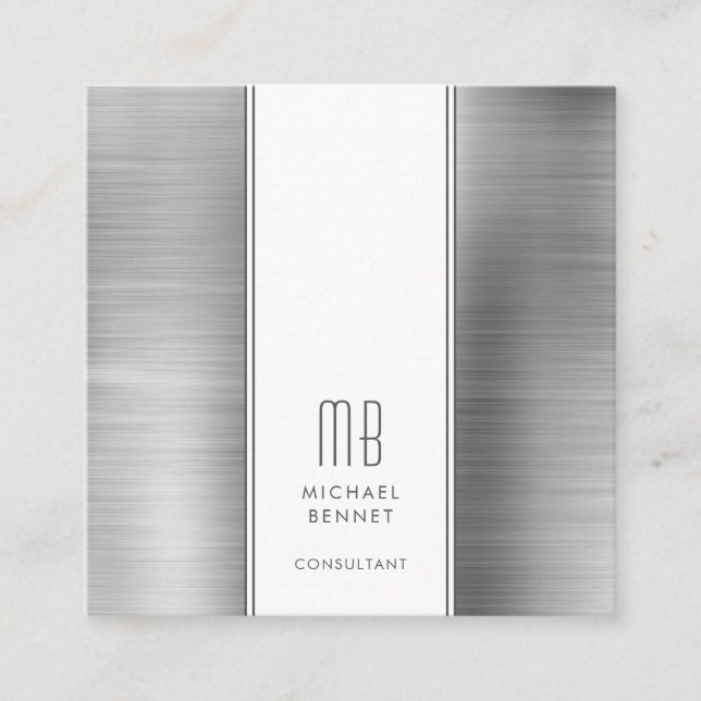 Elegant Monogrammed Silver Grey Consultant Square Business Card (Front)