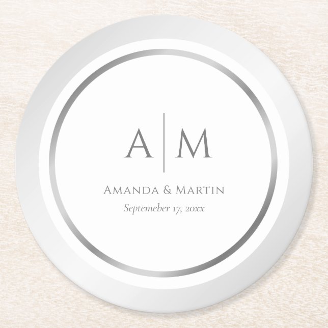 Elegant Monogrammed Silver Wedding Paper Coasters (Front)