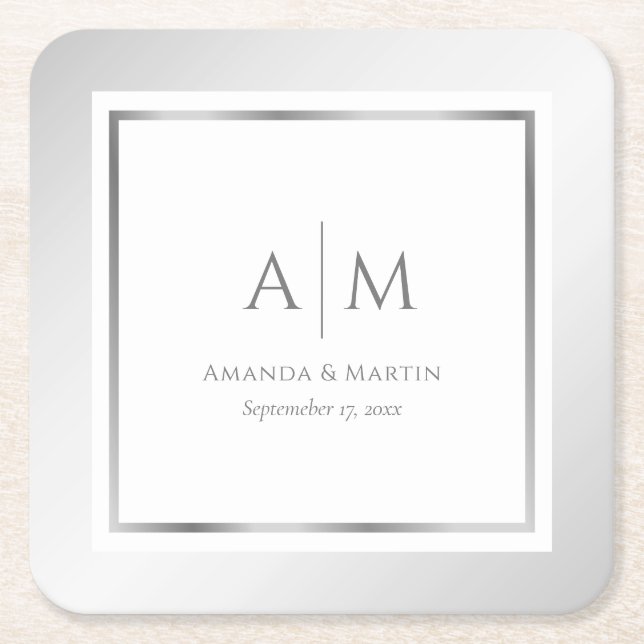 Elegant Monogrammed Silver Wedding Square Paper Coaster (Front)