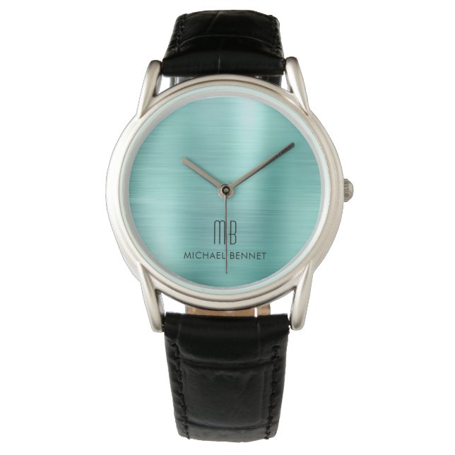 Elegant Monogrammed Teal Green Brushed Metallic Watch (Front)