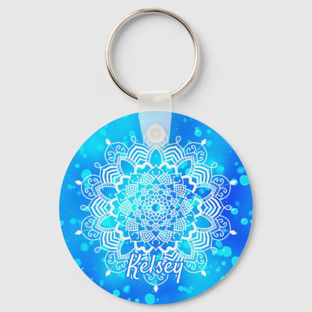 Elegant Monogrammed White & Blue Mandala Pattern Keychain (Front)