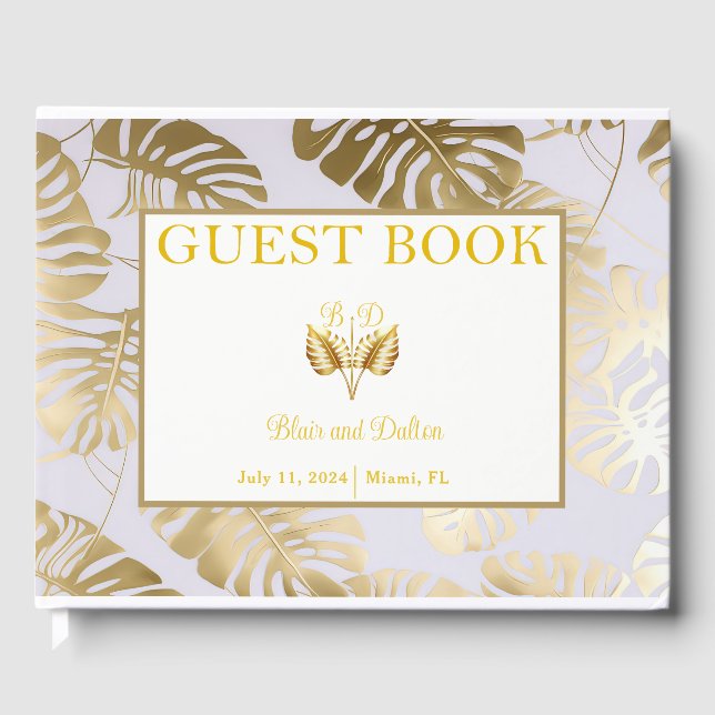 Elegant Monstera Gilded Gold Wedding Guest Book (Front)