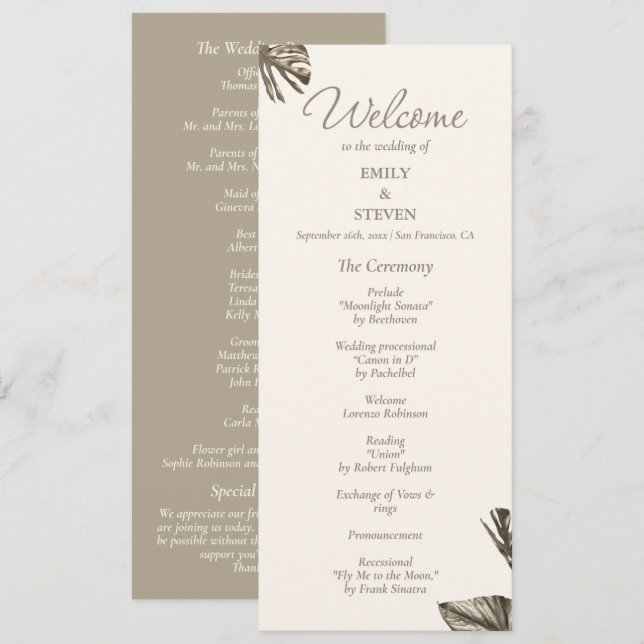 Elégant Monstera Gold Wedding Programme Card (Devant / Derrière)