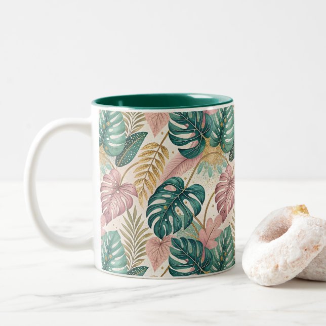 Elegant Monsteras Gold Two-Tone Coffee Mug (With Donut)