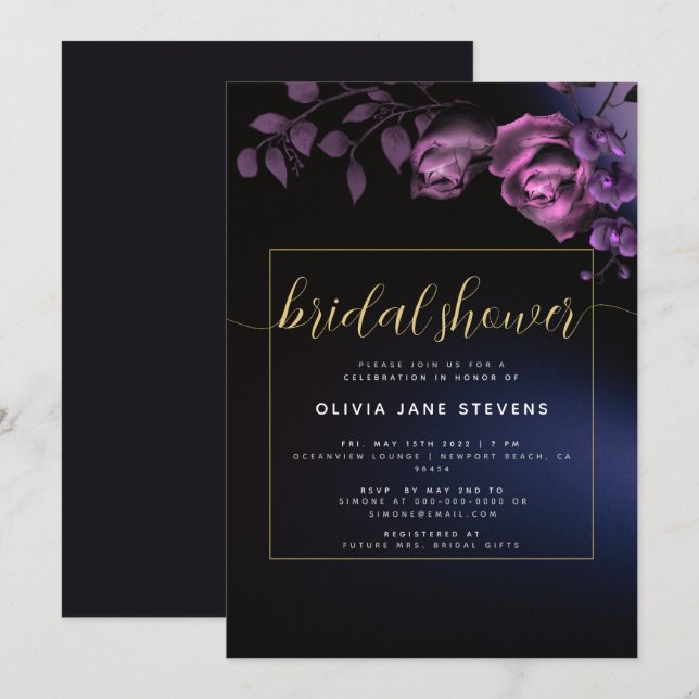 Elegant Moody Black Purple Floral Bridal Shower Invitation (Front/Back)