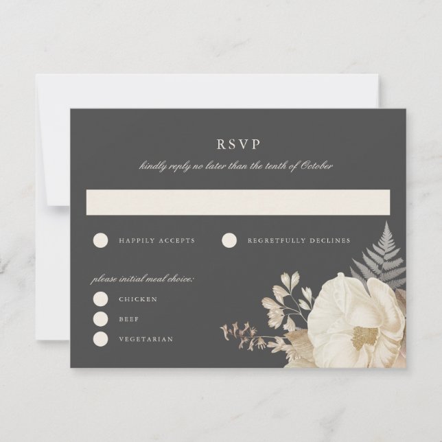 Elegant Moody Boho Floral Wedding RSVP Reply Card  (Front)