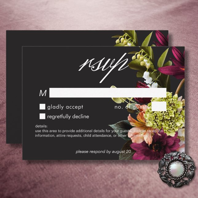 Elegant Moody Burgundy & Pink Floral No Dinner RSVP Card (Elegant Moody Burgundy & Pink Floral No Dinner RSVP Card)