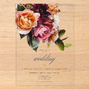 Elegant Moody Burgundy & Pink Floral Wedding Acrylic Invitations