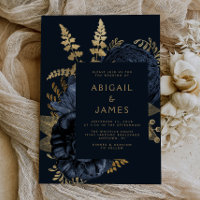 Elegant Moody Dark Floral Navy Blue Gold Wedding