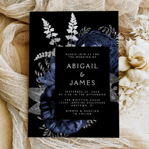 Elegant Moody Dark Floral Navy Blue Silver Wedding