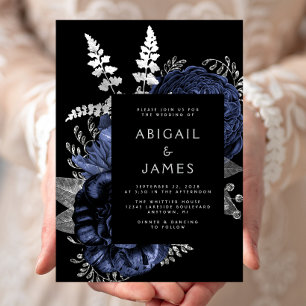 Elegant Moody Dark Floral Navy Blue Silver Wedding Invitation